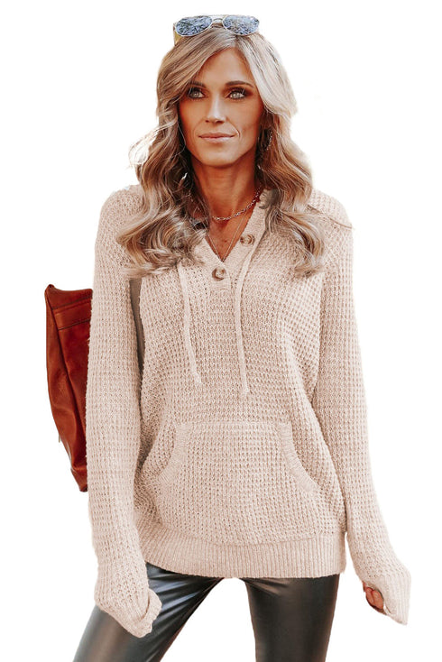 Apricot Waffle Knit Buttons Hooded Sweater With Pocket